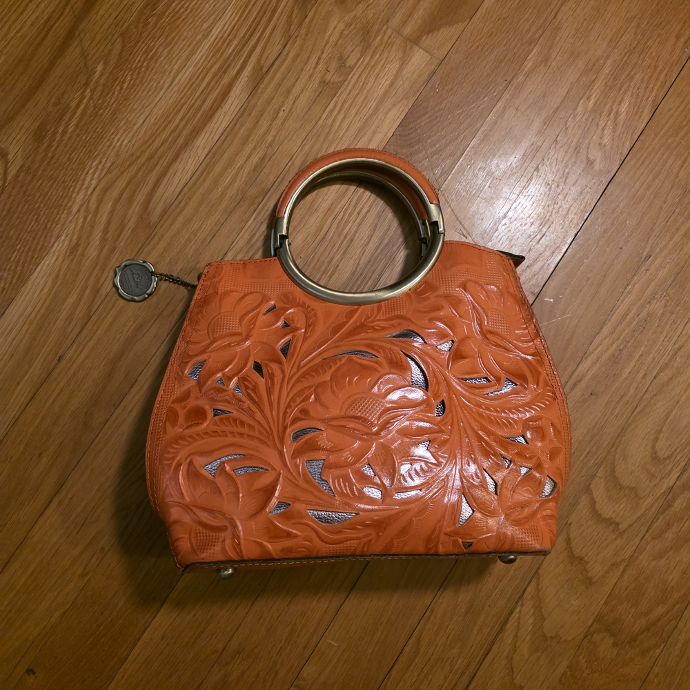 Patricia Nash Orange Floral Cutout Round Handle Shoulder Bag